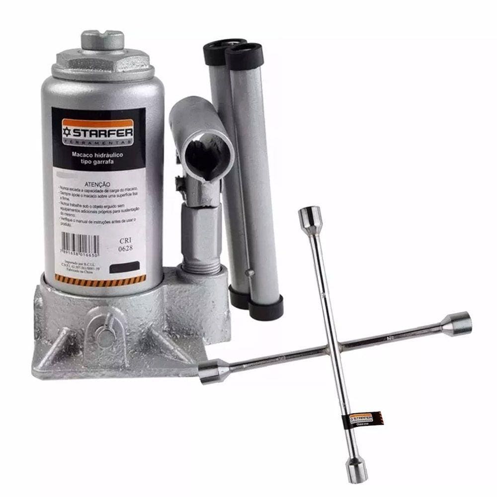Kit Macaco Hidráulico Garrafa 2t +chave Roda 4 Bocas Starfer