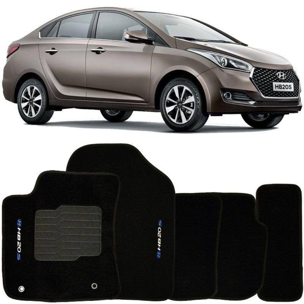 Jogo de Tapete Automotivo Carpete Hyundai Hb20S 2014 à 2019 Soft Logo Bordado Preto 5 Peças