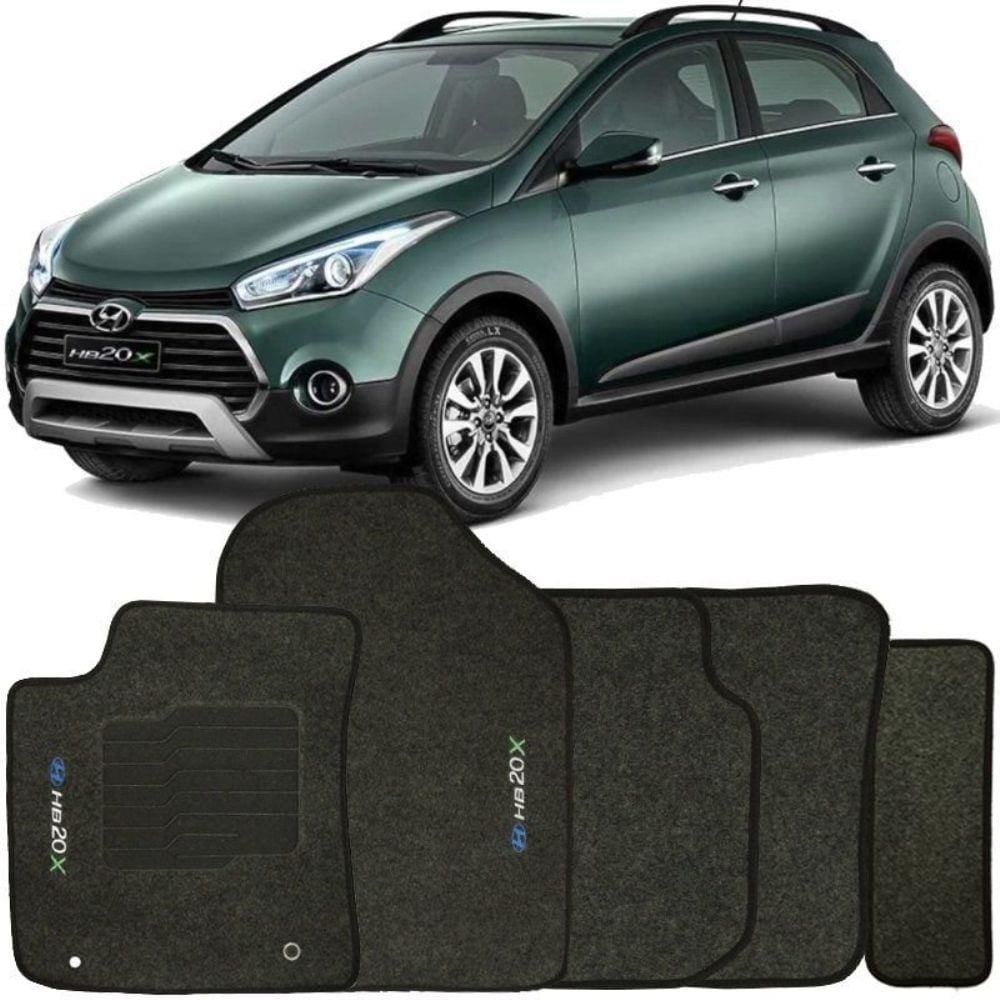 Jogo de Tapete Automotivo Carpete Hyundai Hb20X 2013 à 2019 Soft Logo Bordado Grafite 5 Peças