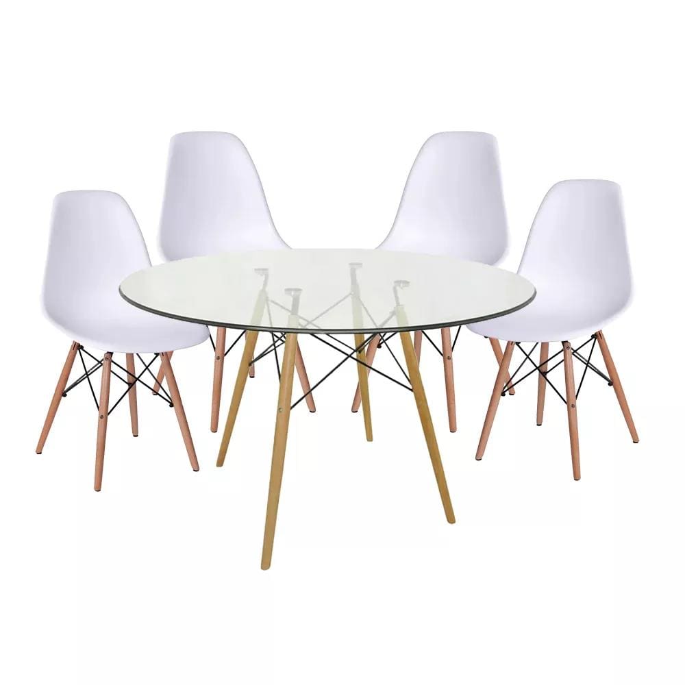 Conjunto Mesa Eiffel de Vidro com a Base Madeira 90cm + 4 Cadeiras Eames DSW