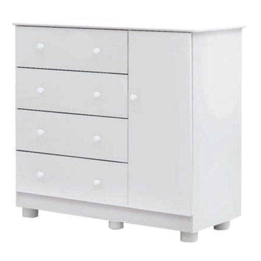 Cômoda de Bebê 1 Porta 4 Gavetas Junior Móveis Peroba Branco Brilho