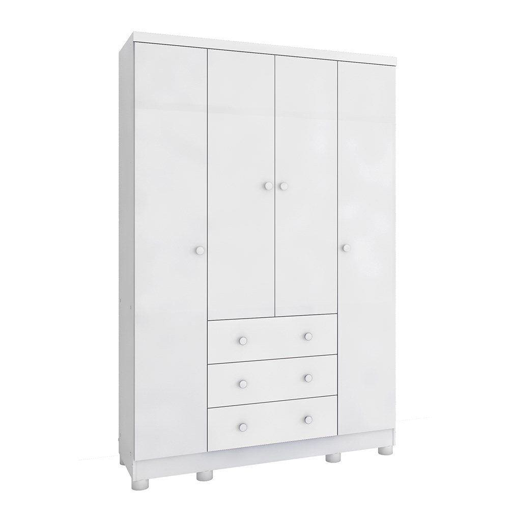 Guarda Roupa de Bebê 4 Portas 3 Gavetas Junior Móveis Peroba Branco Brilho