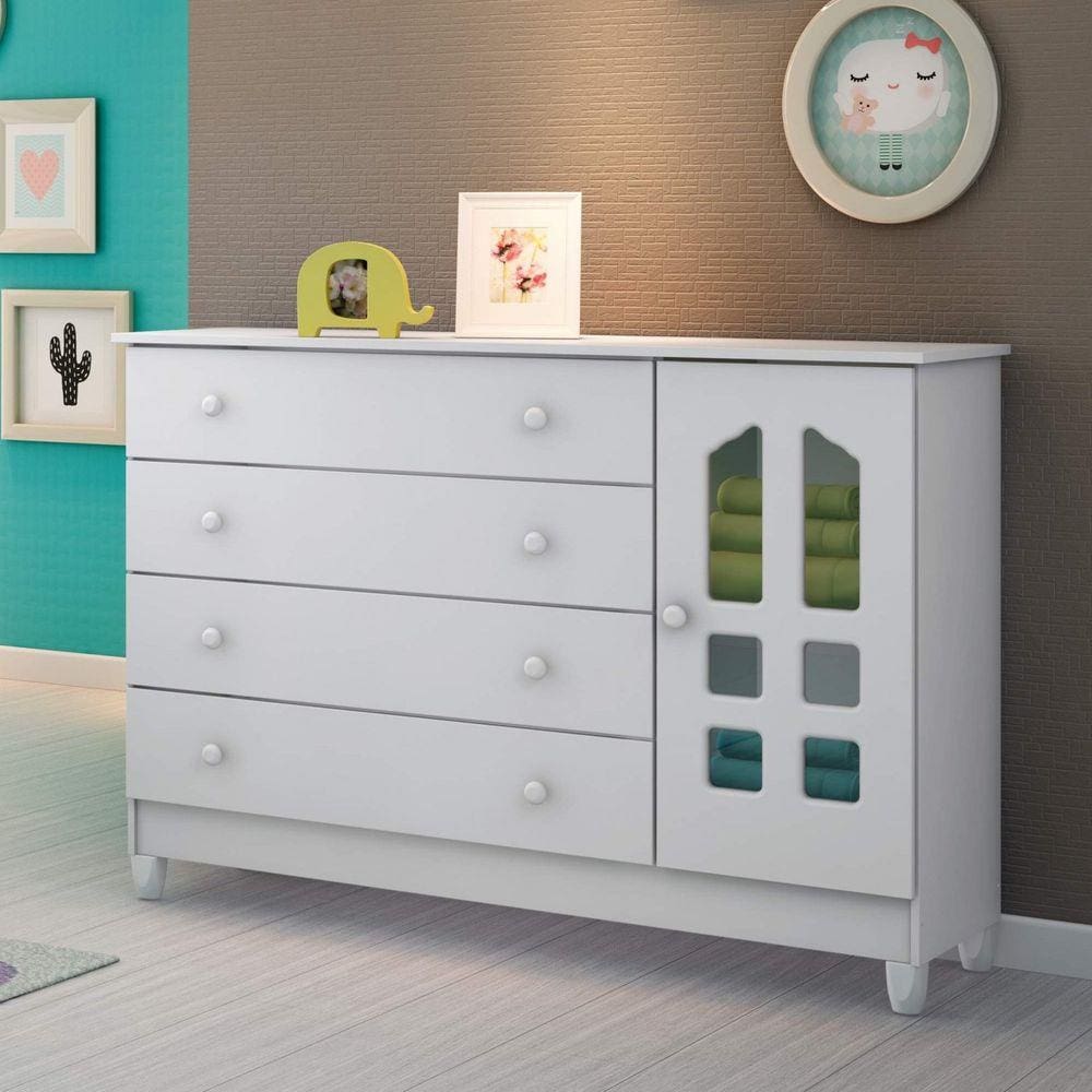 Cômoda de Bebê 1 Porta 4 Gavetas Grand Selena Carolina Baby Branco Brilho