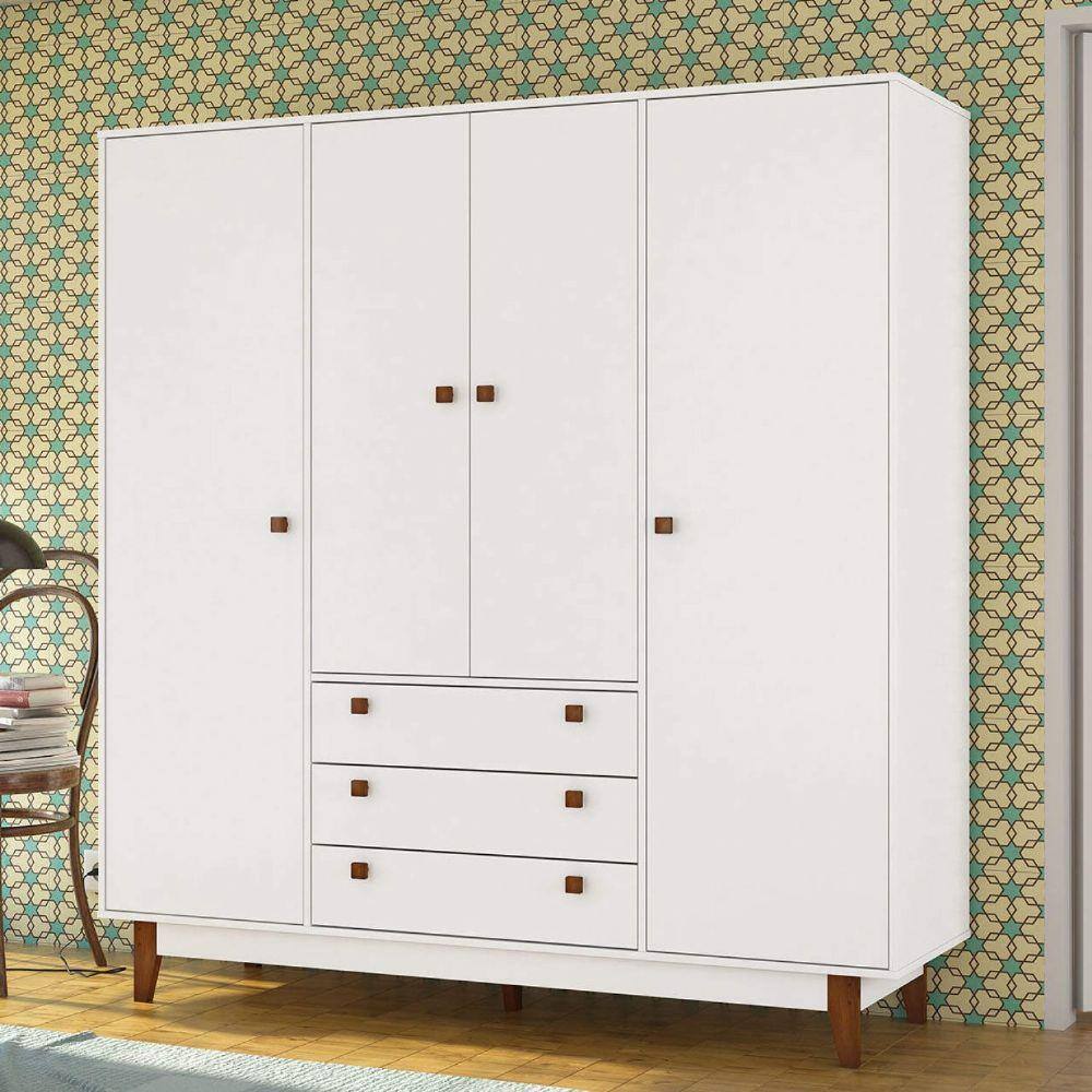 Guarda Roupa Casal 4 Portas 3 Gavetas Vintage Olivar Branco Acetinado