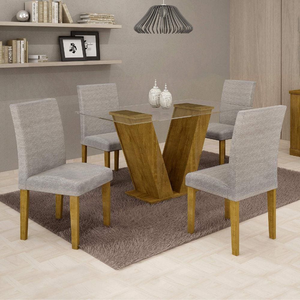 Conjunto Sala de Jantar Mesa Tampo de Vidro e 4 Cadeiras Classic Cel Móveis Ypê/Suede Cinza 90