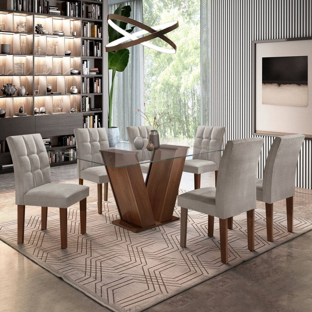 Conjunto Sala de Jantar Mesa Classic Tampo de Vidro 6 Cadeiras Vitória Chocolate/Cinza