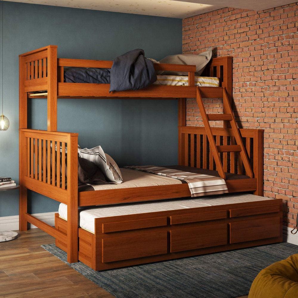 Treliche com Cama de Casal com 3 Gavetas Madeira Maciça Móveis Saraiva Castanho Claro