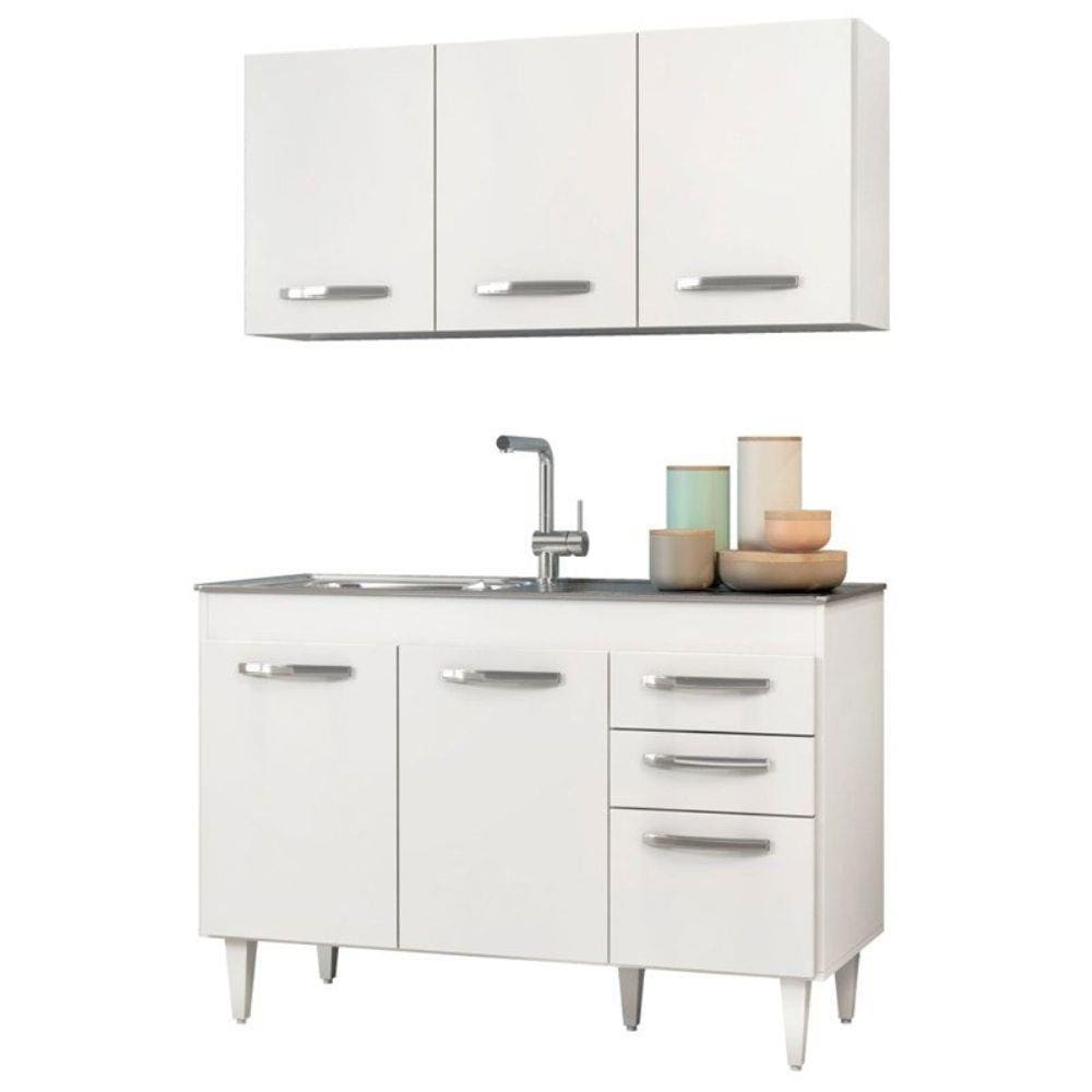 Armário Aéreo Honduras e Balcão Gabinete de Pia Suécia 120cm Branco - Lumil Móveis