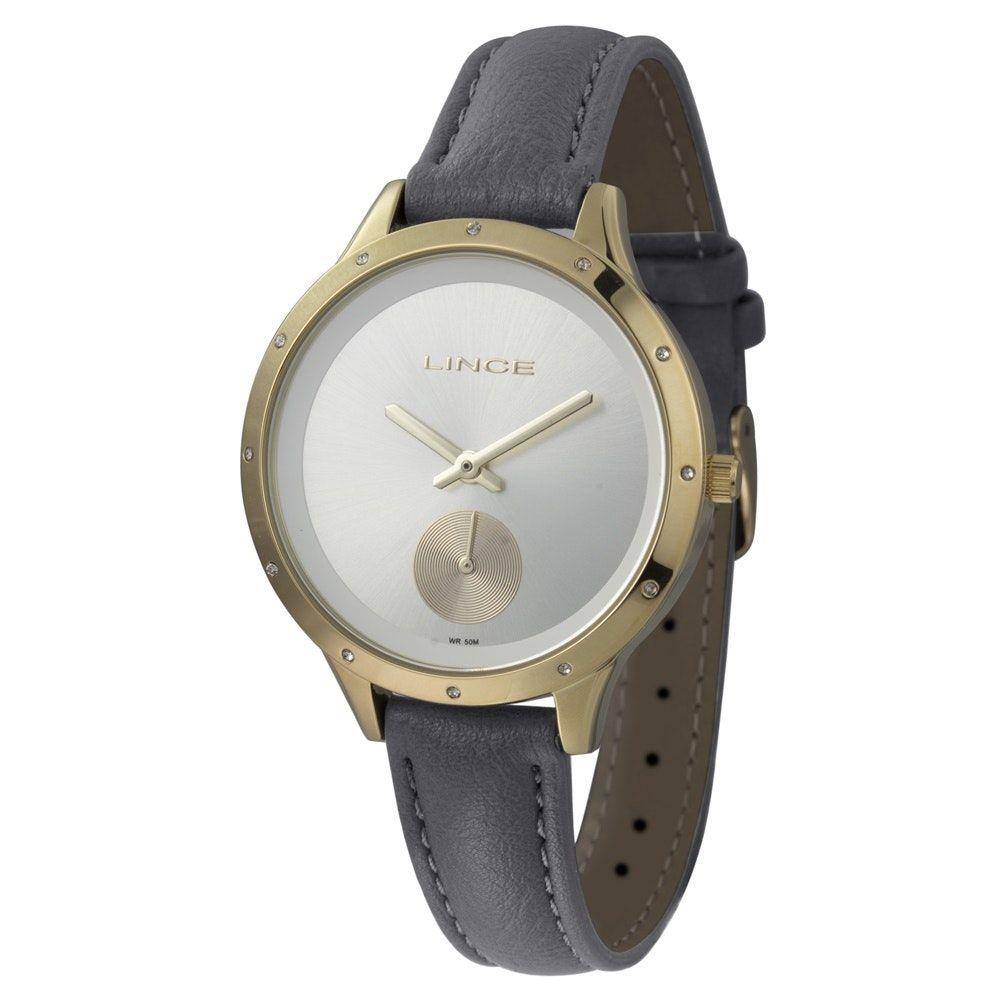 Relogio Feminino Dourado Pulseira Couro Cinza Pedras Lince | Extra