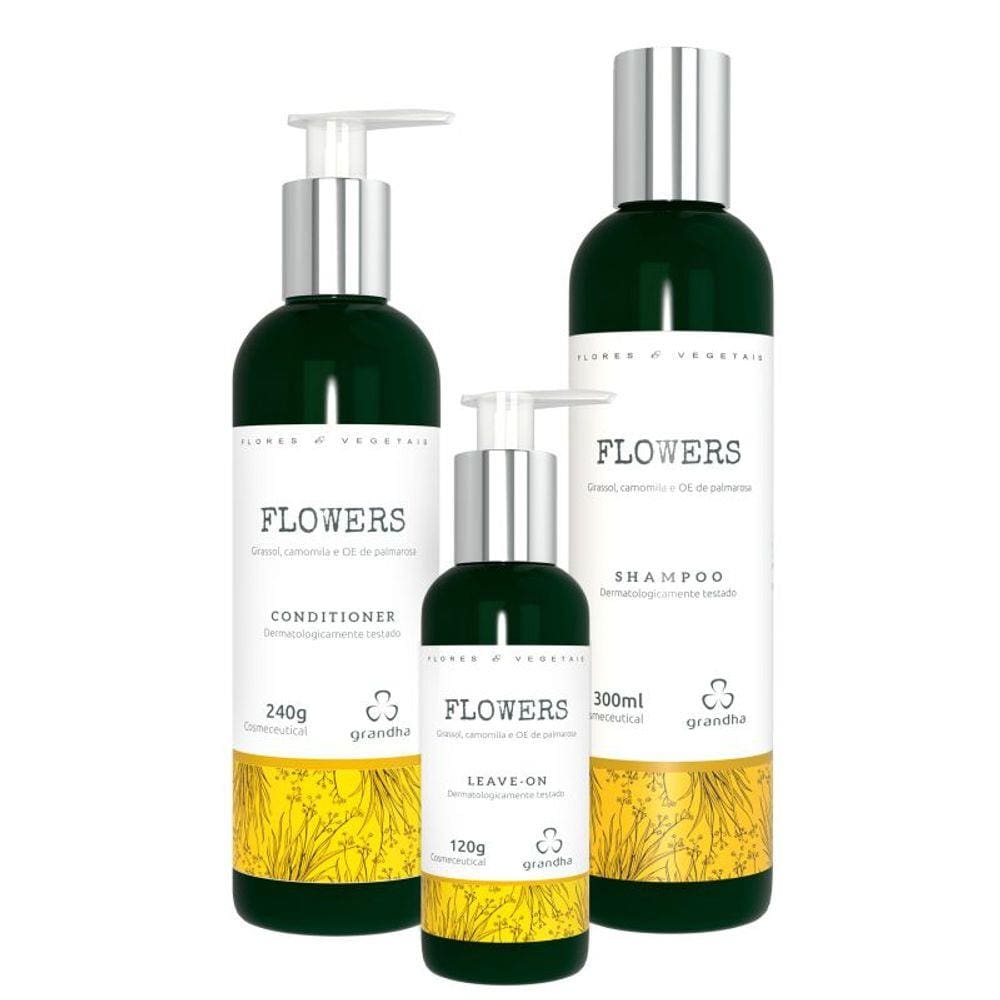 KIt Granda flowers Flores e Vegetais Shampoo Leavein Condicionador terapia capilar