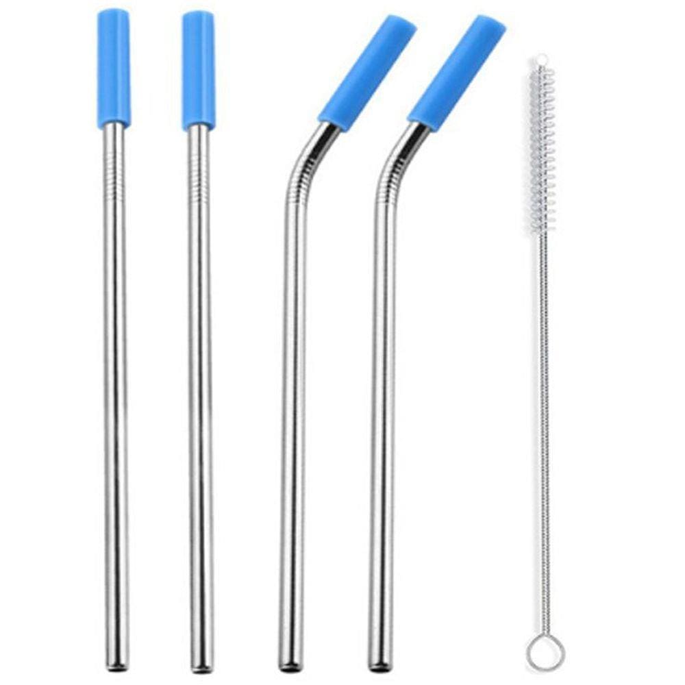 Canudos Aço Inox Milk Shake Silicone 7mm kit 4 Reutilizaveis Azul Claro