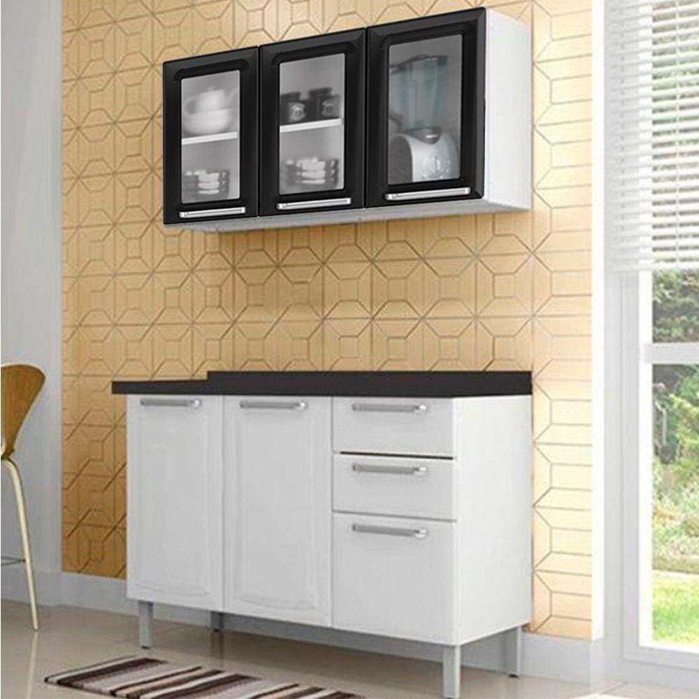 Cozinha Itatiaia Tarsila Compacta 2 Pecas 3 Vidros Armario Aereo Preto e Balcão / Gabinete