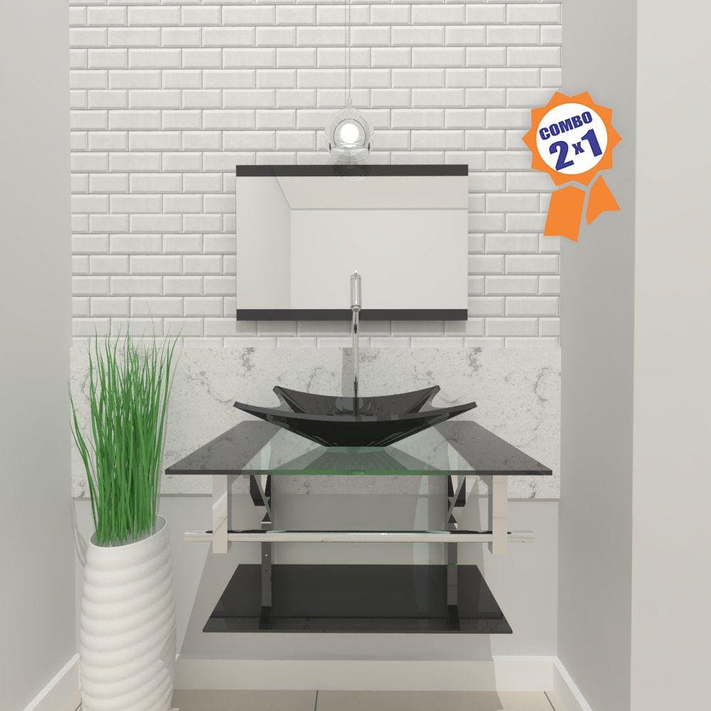 Combo 2 em 1 Gabinete de Vidro 60cm para banheiro Cuba Retangular San Marino Inox + Torneira Algarve