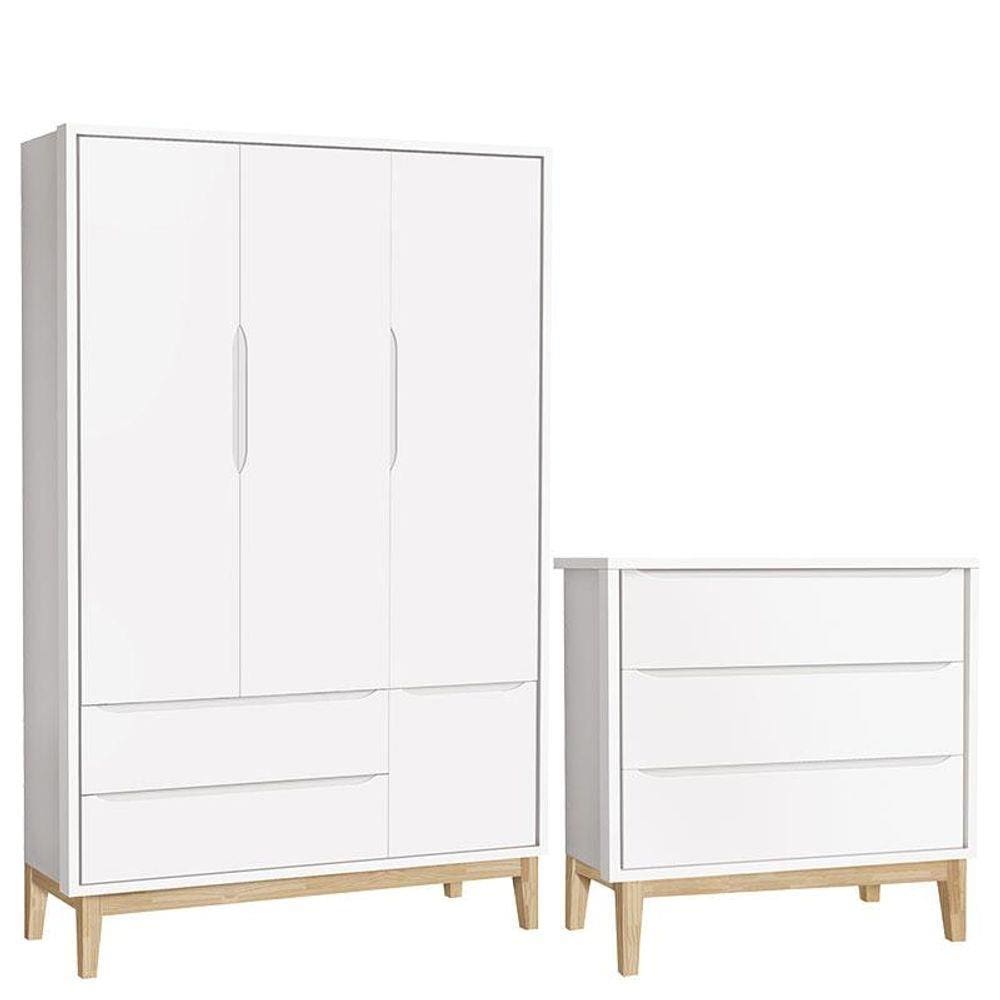 Cômoda Gaveteiro e Guarda Roupa Infantil 3 Portas New Classic com Pés Madeira Natural - Reller
