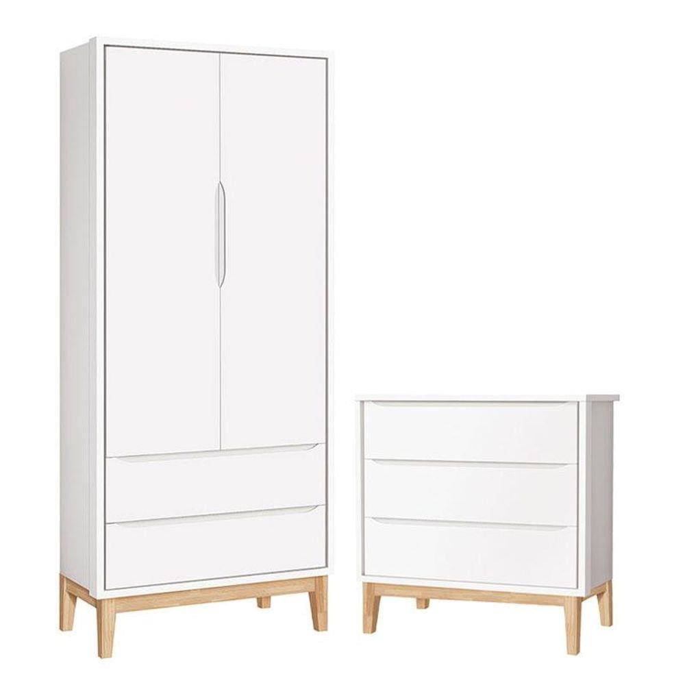 Cômoda Gaveteiro e Guarda Roupa Infantil 2 Portas New Classic - com Pés Madeira Natural
