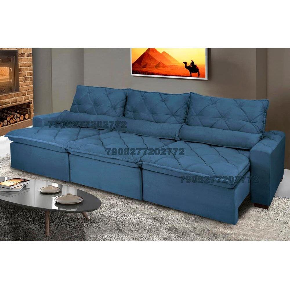 Sofá Lisboa 4,12m Retrátil, Reclinável com Molas no Assento e Almofadas Lombar Tecido Suede Azul