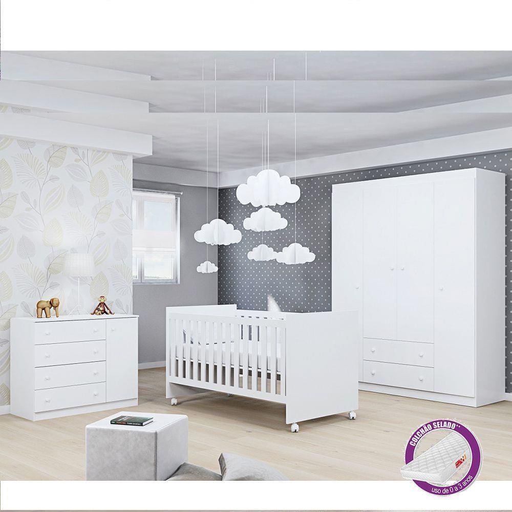 Quarto Ana Helena Com Guarda Roupa + Cômoda + Berço + Colchão Phoenix Baby