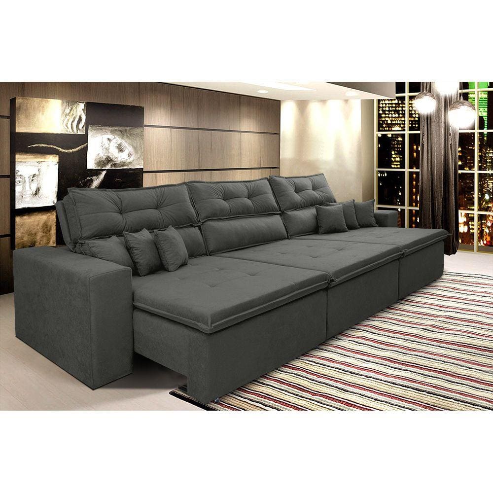 Sofá Cairo 4,12m Retrátil, Reclinável Tecido Suede Preto