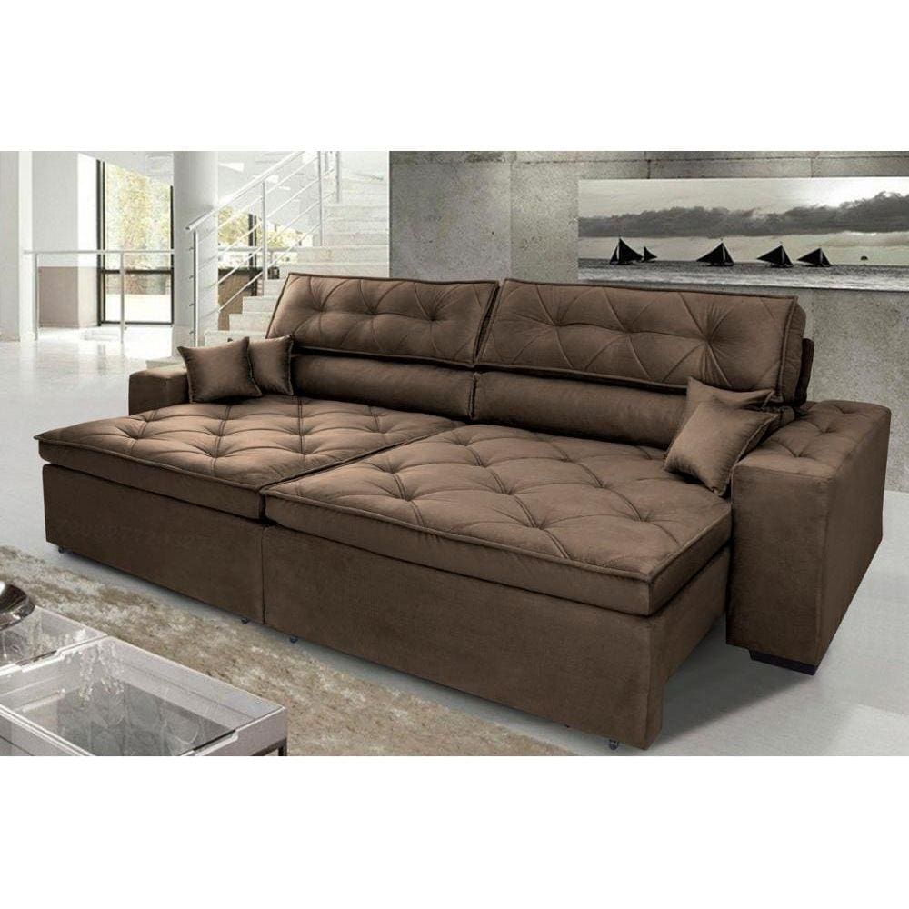 Sofá Austin 2,02m Retrátil, Reclinável com Molas no Assento e Almofadas, Tecido Suede Café