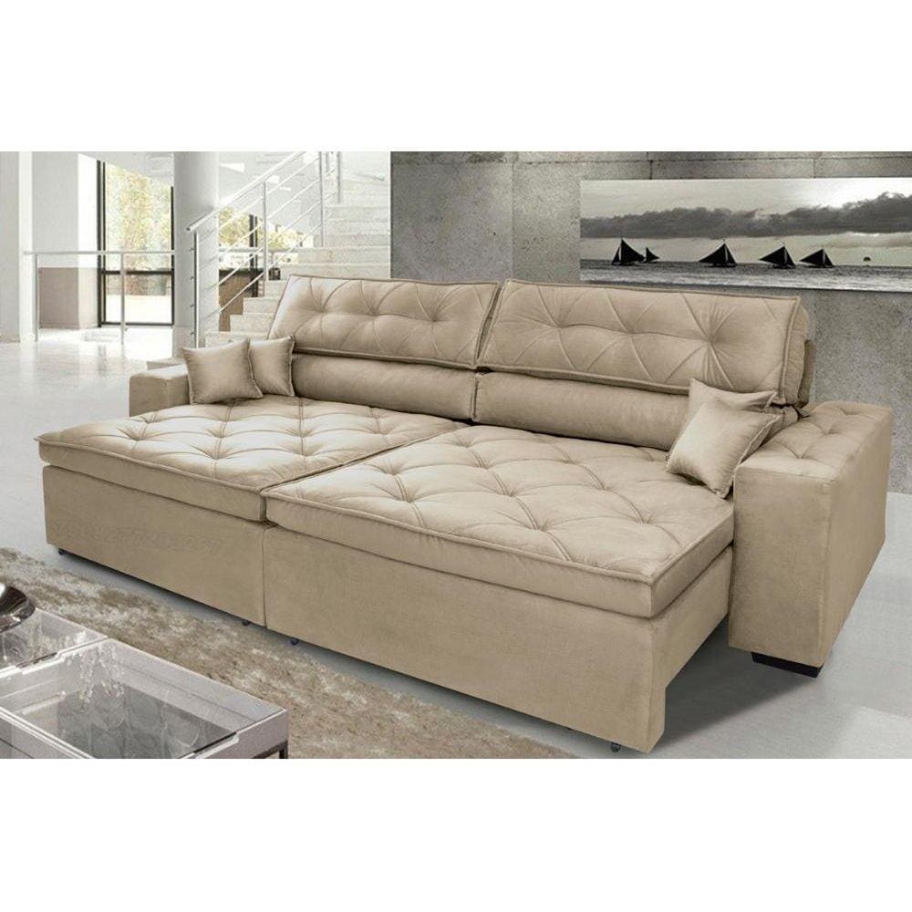 Sofá Austin 2,02m Retrátil, Reclinável com Molas no Assento e Almofadas, Tecido Suede Bege