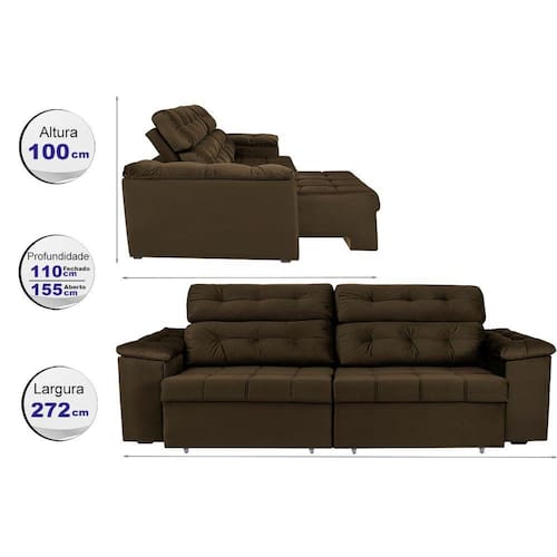 Sofá New Itália 2,72 Mts Retrátil e Reclinável Tecido Suede - Cama InBox Menor preço em Sofá New Itália 2,72 Mts Retrátil e Reclinável Tecido Suede - Cama InBox