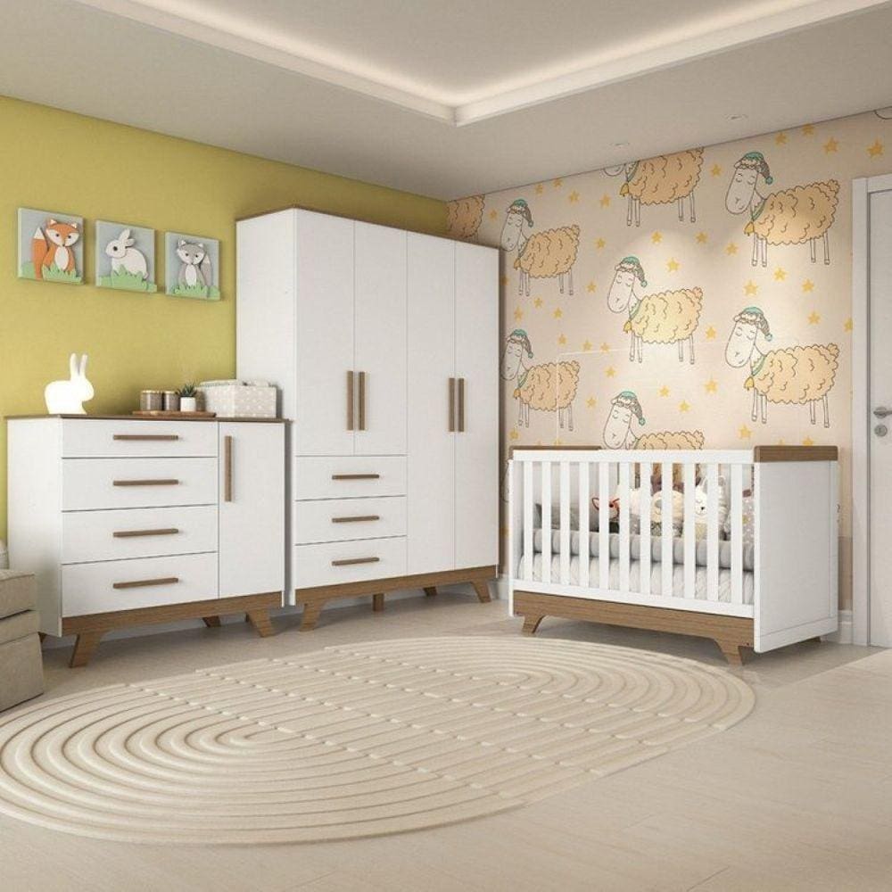 Quarto de Bebê Completo com Cômoda, Berço e Guarda Roupa Kakau