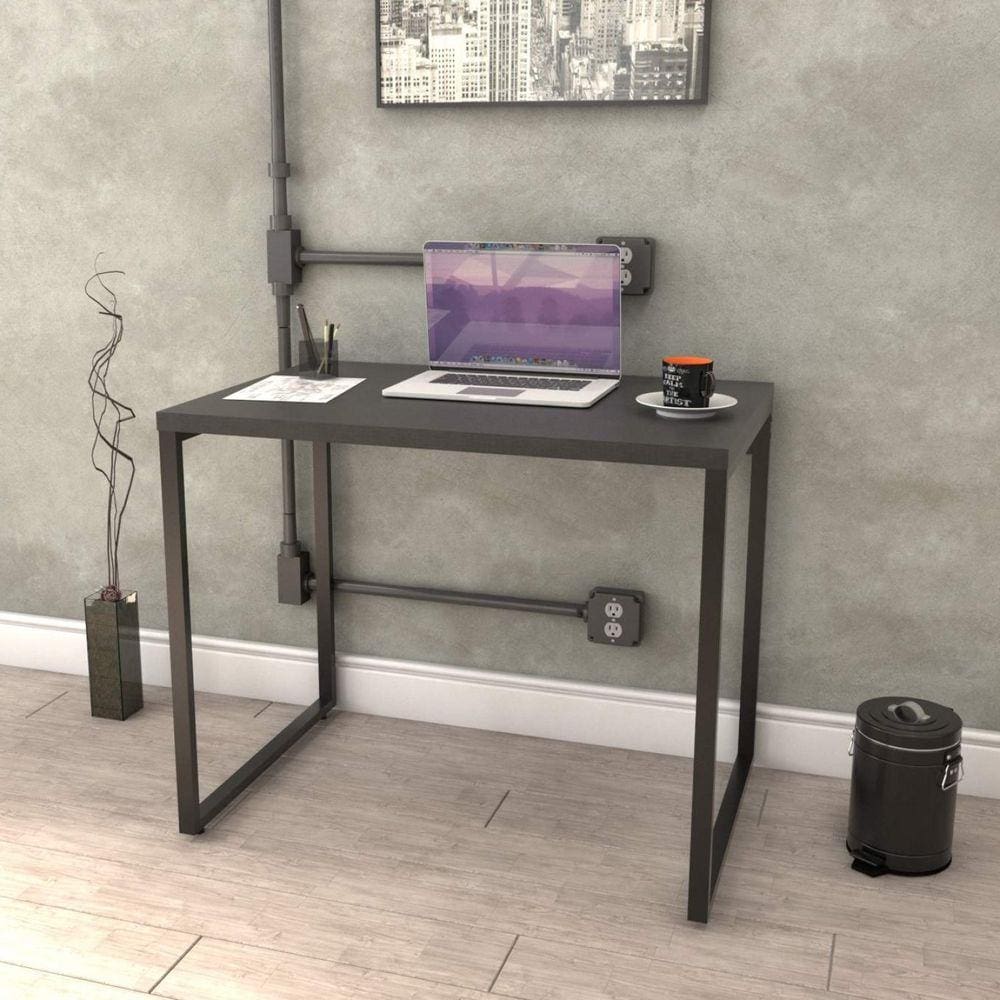 Mesa para Escritório Office Estilo Industrial 90cm Kuadra Compace Preto Onix