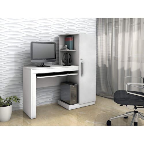 imagem-Mesa para Computador 1 Armário e Prateleira Office Valdemóveis Branco Fosco