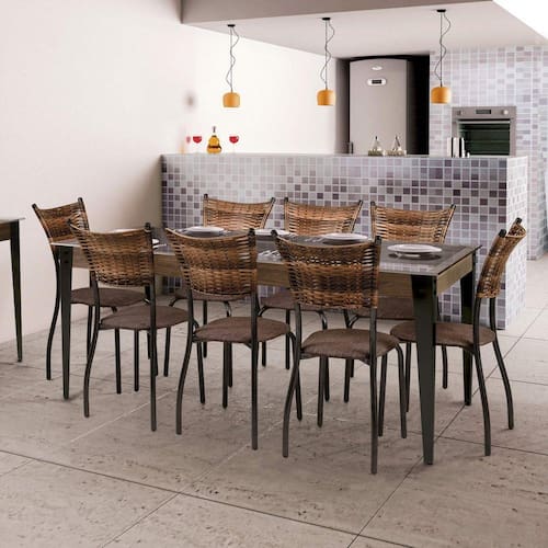 Conjunto Mesa Tampo de Vidro 8 Cadeiras MD05 Yescasa Grafite/Linho Marrom/Sienna Menor preço em Conjunto Mesa Tampo de Vidro 8 Cadeiras MD05 Yescasa Grafite/Linho Marrom/Sienna