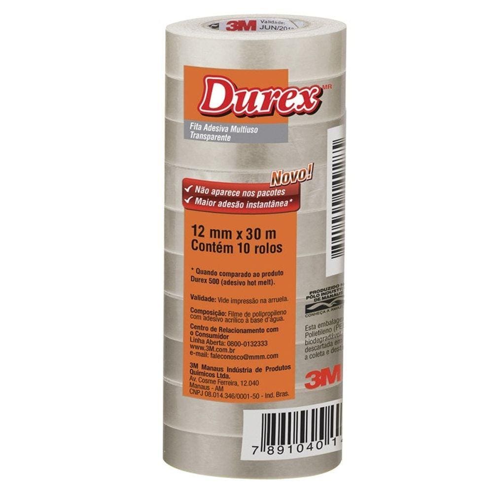 Fita Durex 12x30m Transparente 3M 10 Rolos