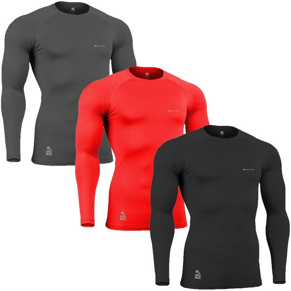Kit C/ 3 Camisas de Compressão Térmica Stigli Pro Proteção Solar FPU50+ Manga Longa Poliamida