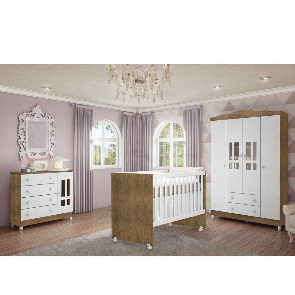 Quarto de Bebê Completo com Guarda Roupa Berço e Cômoda Fraldário Lidi Carolina Baby