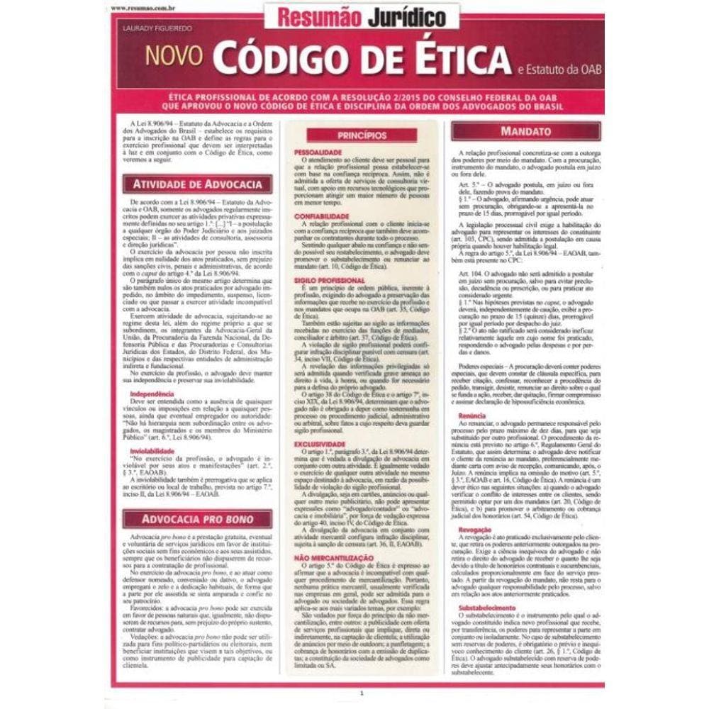 Resumao - Juridico - Novo Codigo De Etica E O Estatuto Da Aob