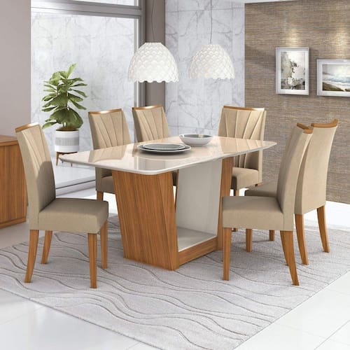 imagem-Conjunto Sala de Jantar 6 Cadeiras Apogeu Móveis Lopas Rovere Naturale/Veludo Naturale Creme - Marrom
