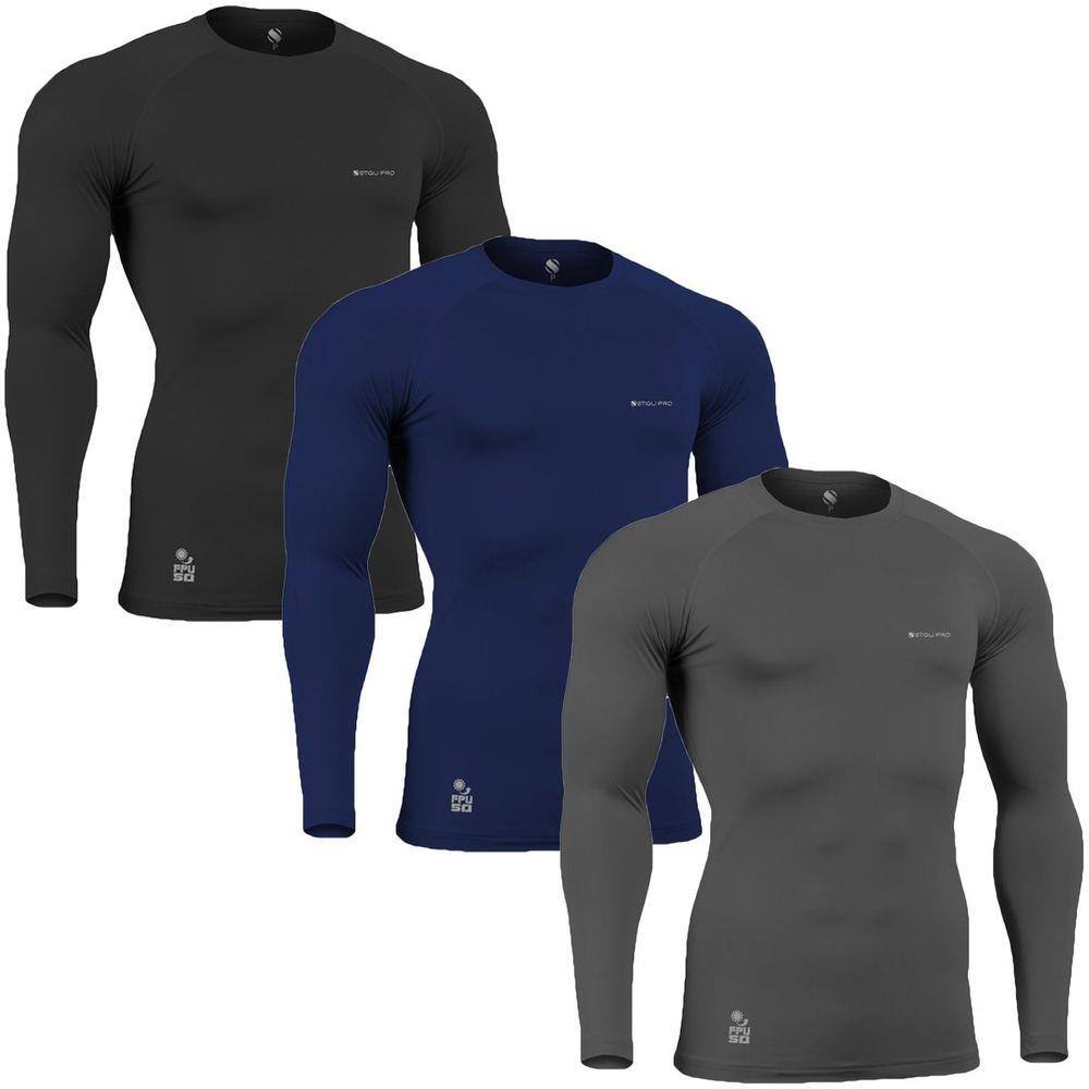 Kit C/ 3 Camisas de Compressão Térmica - Proteção Solar FPU50+ Manga Longa Poliamida