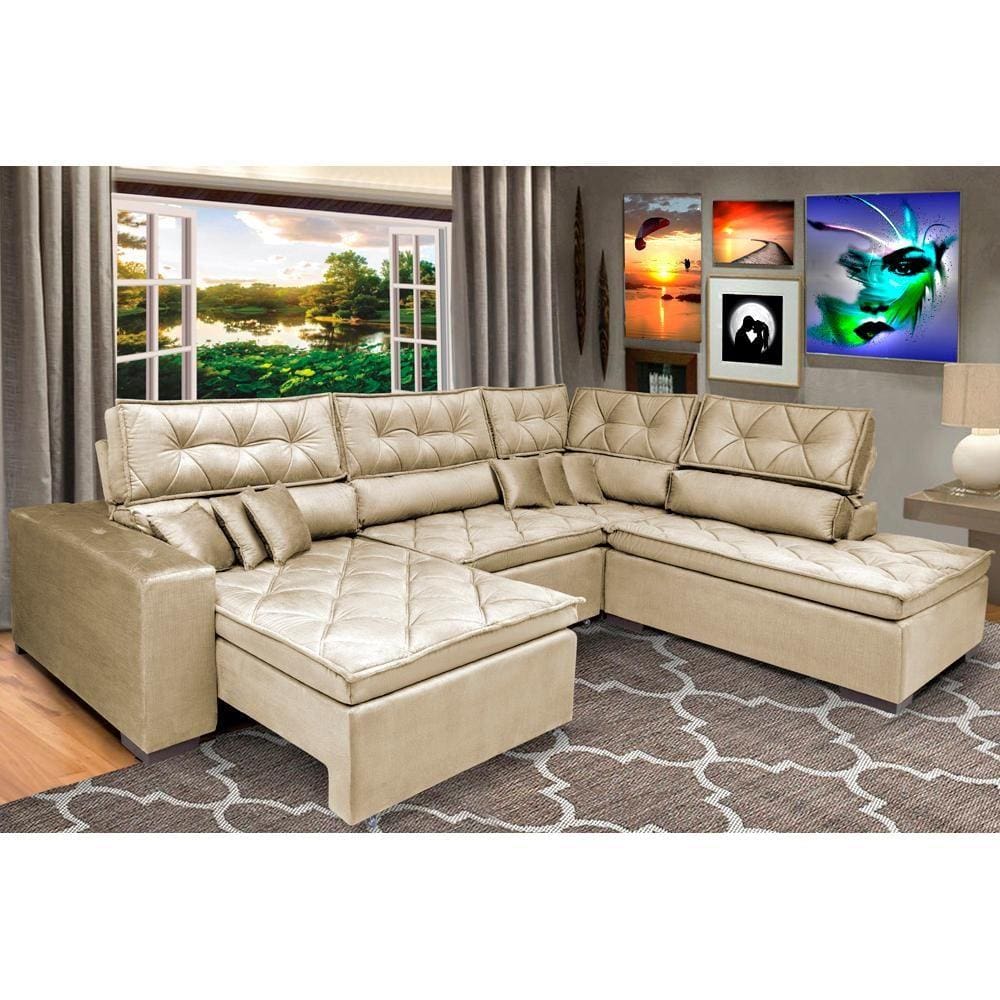 Sofa de Canto Retrátil e Reclinável com Molas Cama inBox Platinum 3,40x2,36 Tecido Suede Castor