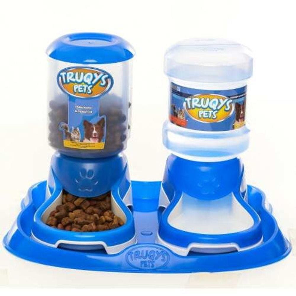 Kit Comedouro E Bebedouro Cães E Gatos - Azul - Com Bóia