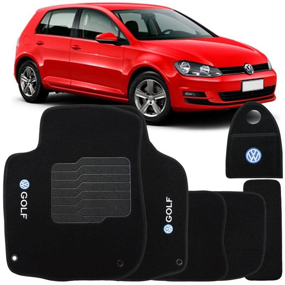 Jogo Tapete Automotivo Carpete + Lixeira Vw Golf 2014 à 2018 Soft Logo Bordado Preto 6 Peças