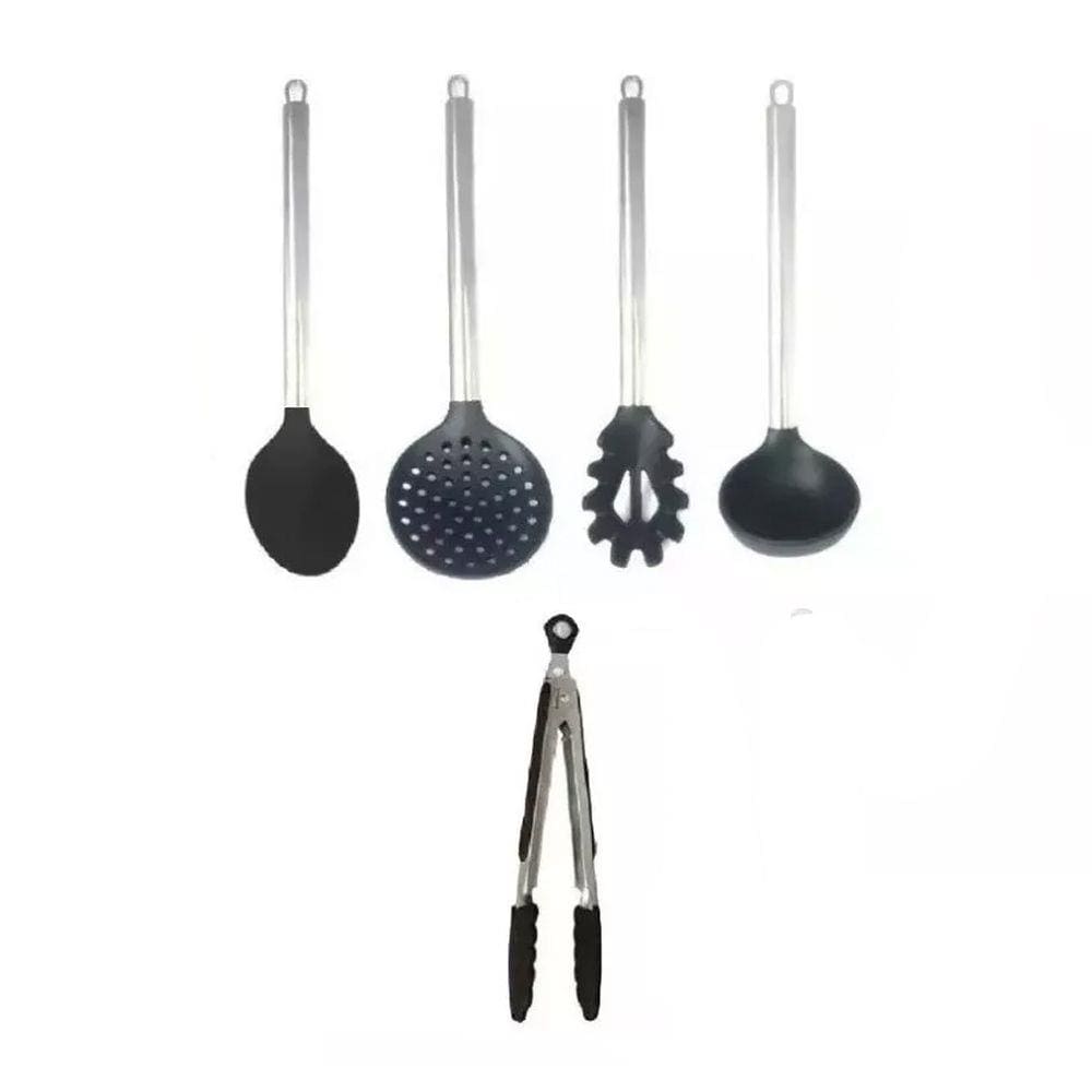 Conjunto 5 Colheres De Silicone Cabo Inox Utensílios Preto