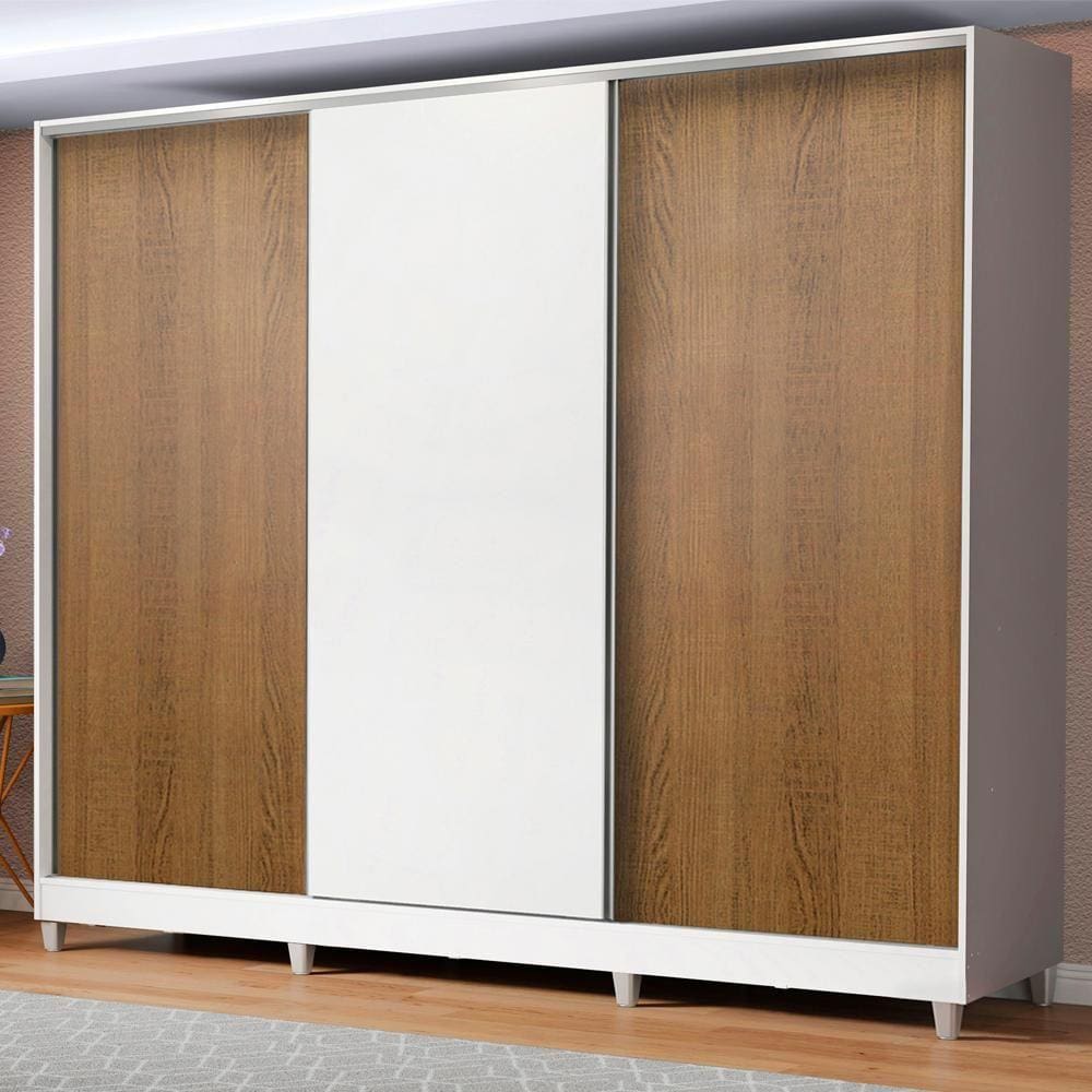 Guarda Roupa Casal 100% MDF Madesa Royale 3 Portas de Correr com Pés - Branco/Rustic/Branco