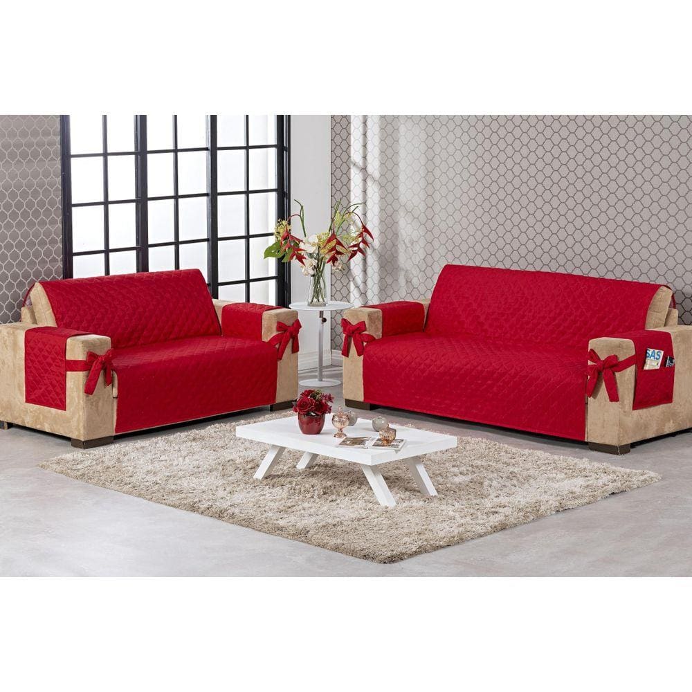 Kit Capa Protetor De Sofá 2 E 3 Lugares Com Laço Vermelho