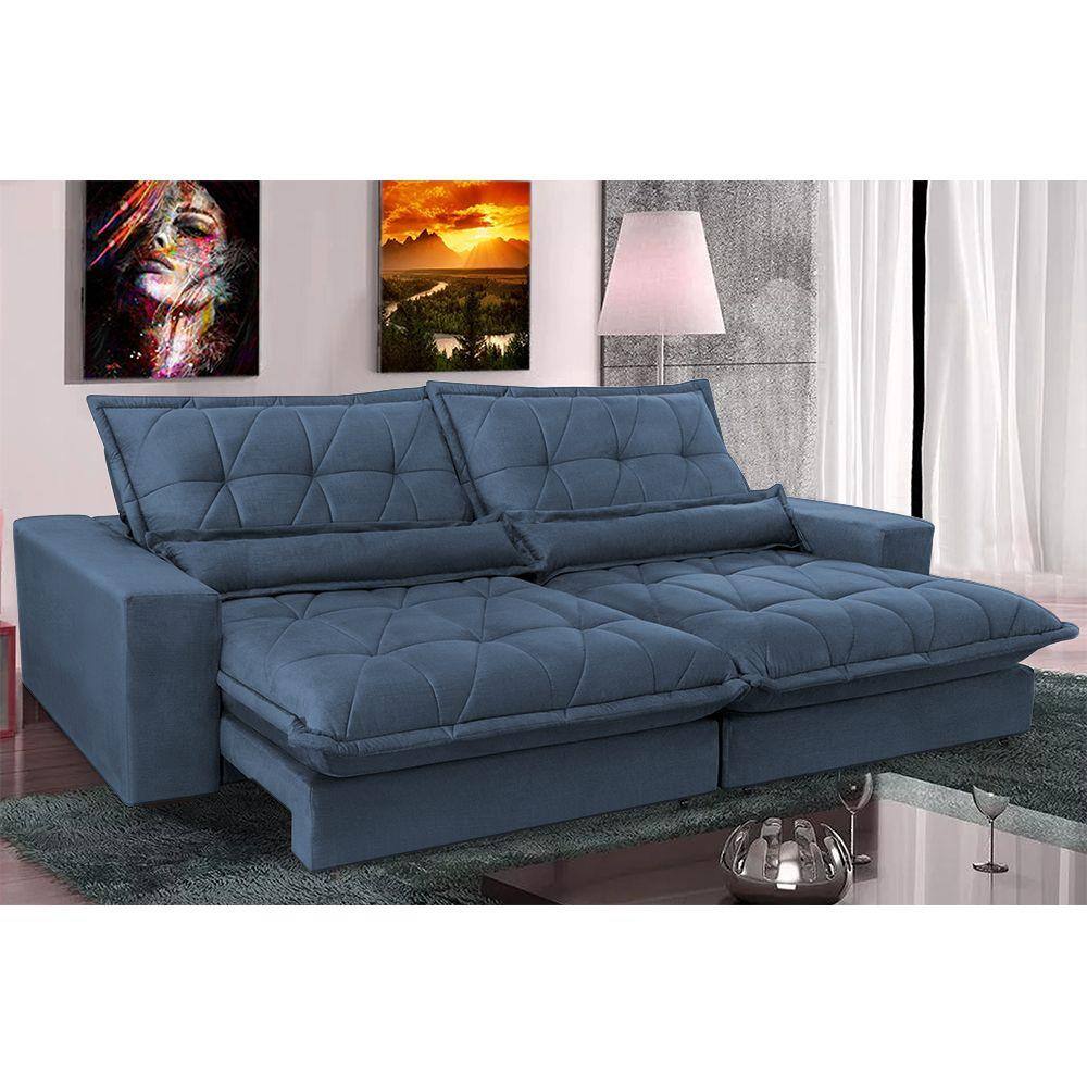 Sofa Retrátil e Reclinável 2,12m com Molas Ensacadas Cama inBox Soft Tecido Suede Azul