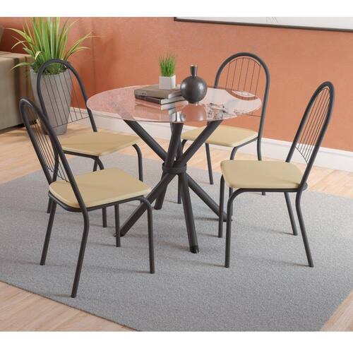 Conjunto Mesa Redonda de Vidro e 4 Cadeiras Noruega Kappesberg Preto/Nude Menor preço em Conjunto Mesa Redonda de Vidro e 4 Cadeiras Noruega Kappesberg Preto/Nude