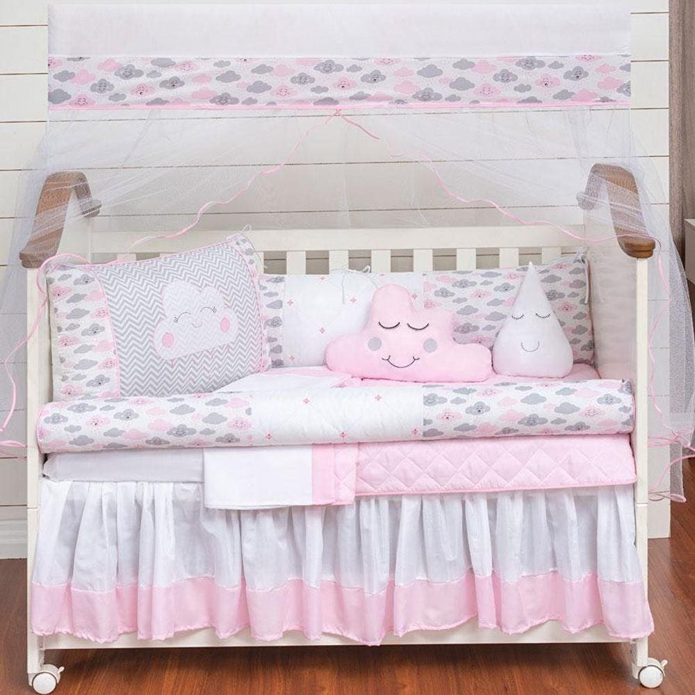Kit Protetor Berço Nuvem Rosa Menina Bebê 11 Peças