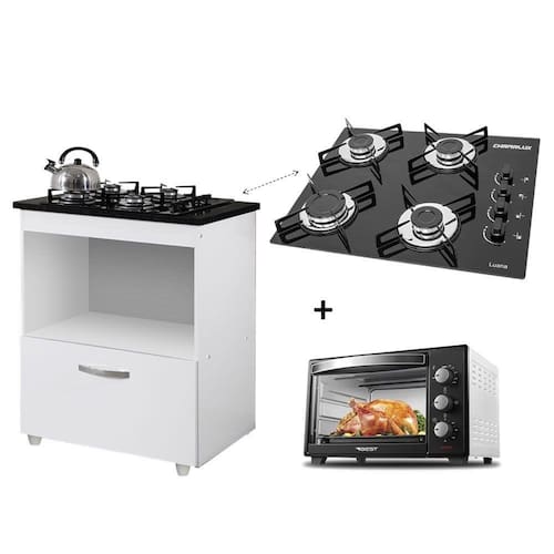 Kit Balcão Cooktop 1 Porta BR C/Forno Elétrico 48L 110V C/Fogão Cooktop 4 bocas Menor preço em Kit Balcão Cooktop 1 Porta BR C/Forno Elétrico 48L 110V C/Fogão Cooktop 4 bocas