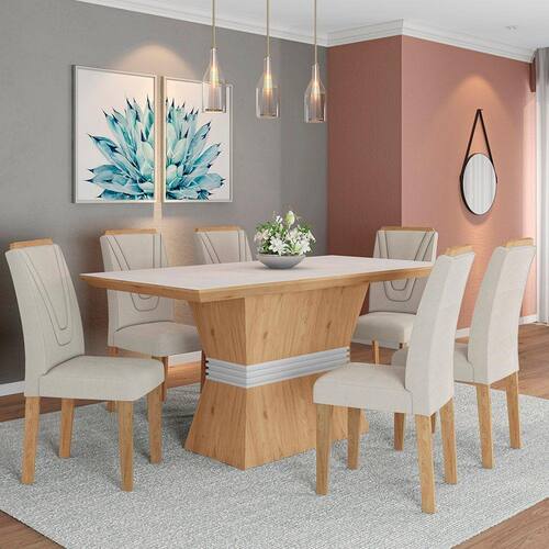 Conjunto Mesa de Jantar Áustria com Vidro e 6 Cadeiras