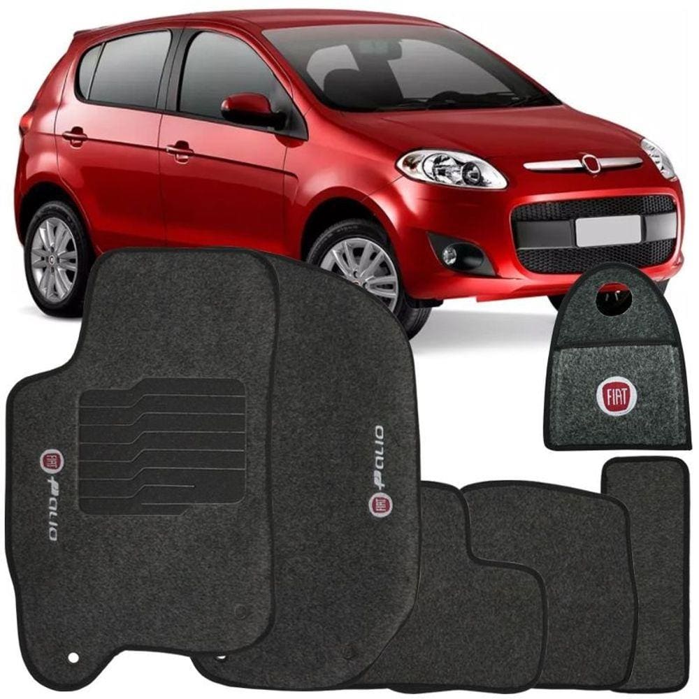 Jogo Tapete Automotivo Carpete + Lixeira Novo Fiat Palio 2012 à 2018 Soft Bordado Grafite 6 Peças
