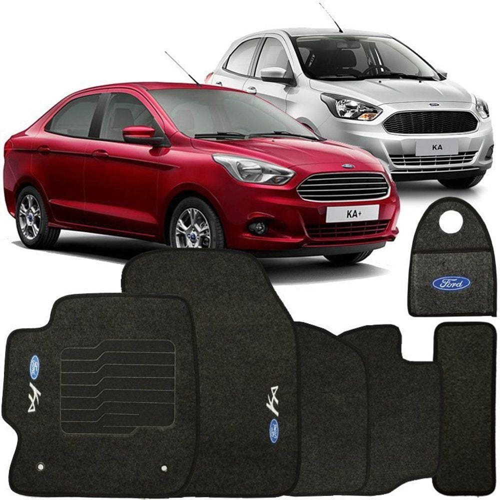 Jogo Tapete Automotivo Carpete + Lixeira Ford Ka 2015 à 2019 Soft Logo Bordado Grafite 6 Peças