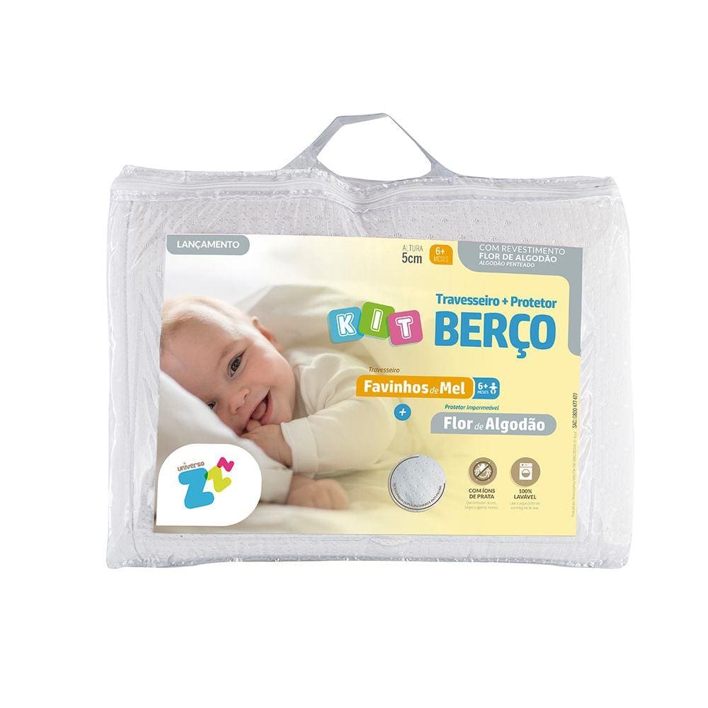 Kit de Berço Travesseiro Favinhos 6+ Fronha 30X40+Protetor De Colchão Impermeável 70X150 Fibrasca