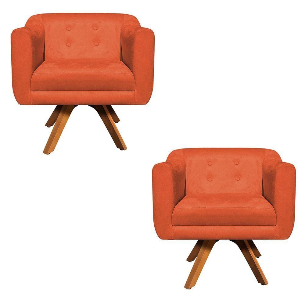 Kit 02 Poltronas Giratória Julia Suede Base Madeira